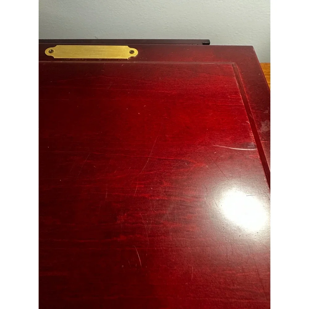 Vintage Cherry Wood Jewelry Box Gold Hardware Drawer Organizer Blank Nameplate